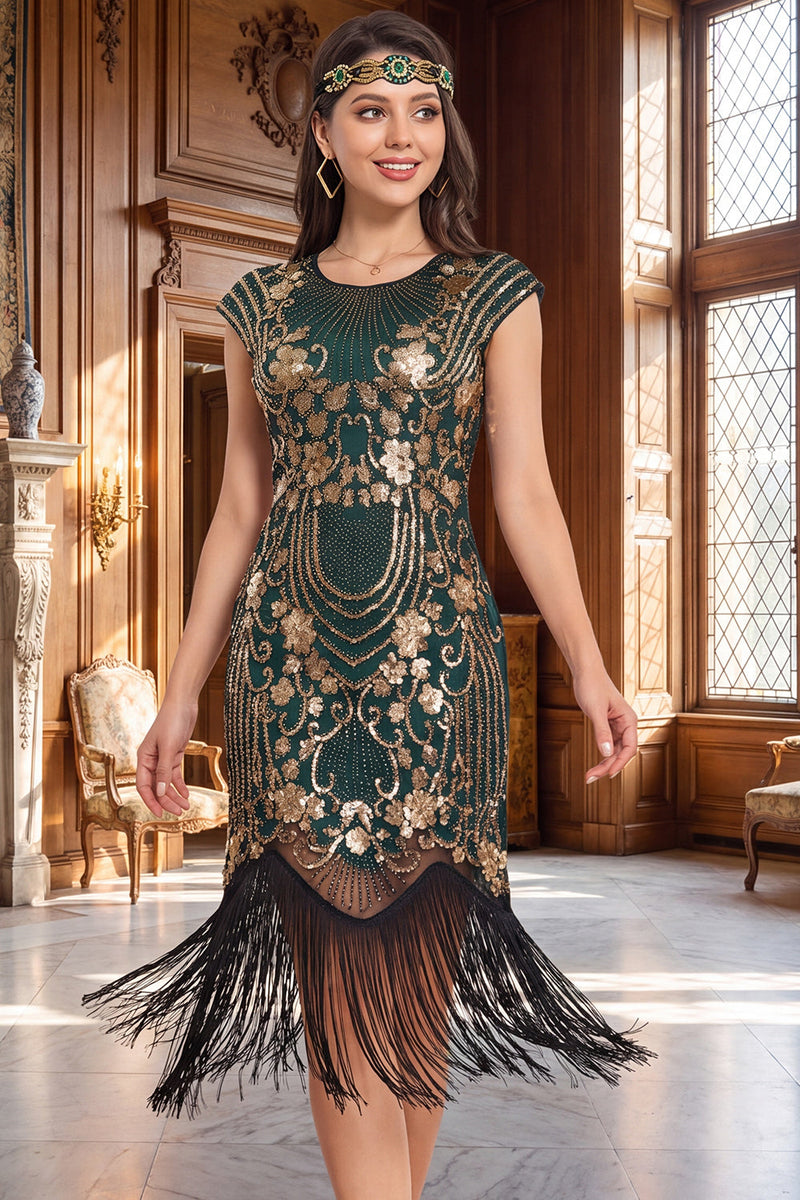 Laden Sie das Bild in den Galerie-Viewer, Schwarzes, goldenes Vintage-Fransenärmel und Pailletten-Flapper-Kleid aus den 1920er Jahren mit Perlen