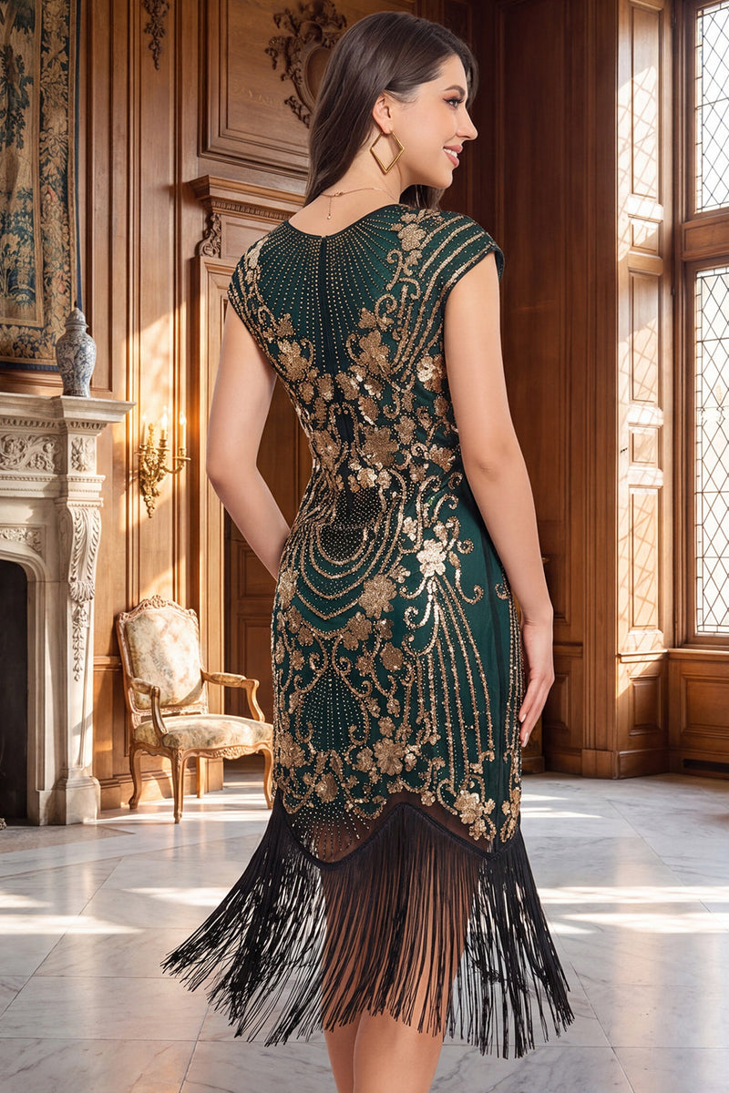 Laden Sie das Bild in den Galerie-Viewer, Schwarzes, goldenes Vintage-Fransenärmel und Pailletten-Flapper-Kleid aus den 1920er Jahren mit Perlen