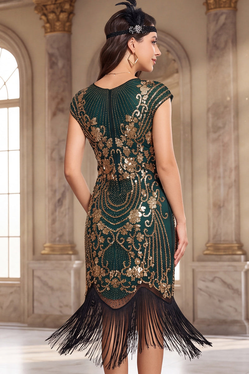 Laden Sie das Bild in den Galerie-Viewer, Schwarzes, goldenes Vintage-Fransenärmel und Pailletten-Flapper-Kleid aus den 1920er Jahren mit Perlen