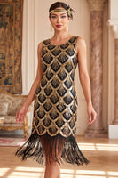 Laden Sie das Bild in den Galerie-Viewer, Schwarze goldene Pailletten Vintage, kurzes Flapper-Kleid aus den 1920er Jahren mit Fransen