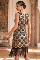 Laden Sie das Bild in den Galerie-Viewer, Schwarze goldene Pailletten Vintage, kurzes Flapper-Kleid aus den 1920er Jahren mit Fransen
