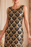Laden Sie das Bild in den Galerie-Viewer, Schwarze goldene Pailletten Vintage, kurzes Flapper-Kleid aus den 1920er Jahren mit Fransen