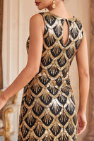 Laden Sie das Bild in den Galerie-Viewer, Schwarze goldene Pailletten Vintage, kurzes Flapper-Kleid aus den 1920er Jahren mit Fransen