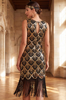Laden Sie das Bild in den Galerie-Viewer, Schwarze goldene Pailletten Vintage, kurzes Flapper-Kleid aus den 1920er Jahren mit Fransen