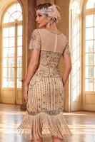 Laden Sie das Bild in den Galerie-Viewer, Glitzerndes schwarzes goldenes Bodycon-Pailletten, kurzes Great Gatsby-Partykleid mit Fransen