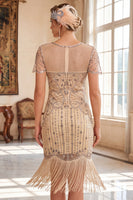 Laden Sie das Bild in den Galerie-Viewer, Glitzerndes schwarzes goldenes Bodycon-Pailletten, kurzes Great Gatsby-Partykleid mit Fransen