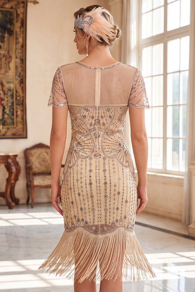 Laden Sie das Bild in den Galerie-Viewer, Glitzerndes schwarzes goldenes Bodycon-Pailletten, kurzes Great Gatsby-Partykleid mit Fransen