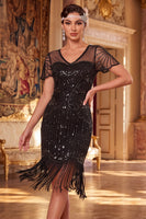 Laden Sie das Bild in den Galerie-Viewer, Glitzerndes schwarzes goldenes Bodycon-Pailletten, kurzes Great Gatsby-Partykleid mit Fransen
