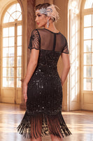 Laden Sie das Bild in den Galerie-Viewer, Glitzerndes schwarzes goldenes Bodycon-Pailletten, kurzes Great Gatsby-Partykleid mit Fransen