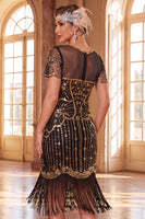 Laden Sie das Bild in den Galerie-Viewer, Glitzerndes schwarzes goldenes Bodycon-Pailletten, kurzes Great Gatsby-Partykleid mit Fransen
