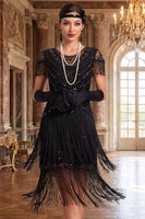 Laden Sie das Bild in den Galerie-Viewer, Vintage-Schwarzes, goldenes Pailletten-Paillettenkleid aus den 1920er Jahren mit Mützenärmeln