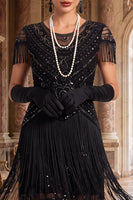 Laden Sie das Bild in den Galerie-Viewer, Vintage-Schwarzes, goldenes Pailletten-Paillettenkleid aus den 1920er Jahren mit Mützenärmeln