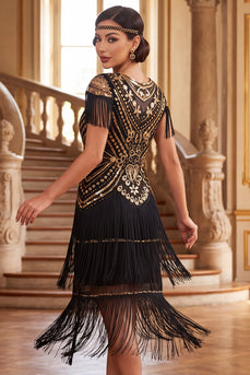 Vintage Schwarzes Goldenes Pailletten Kleid aus den 1920er Jahren mit Mützenärmeln
