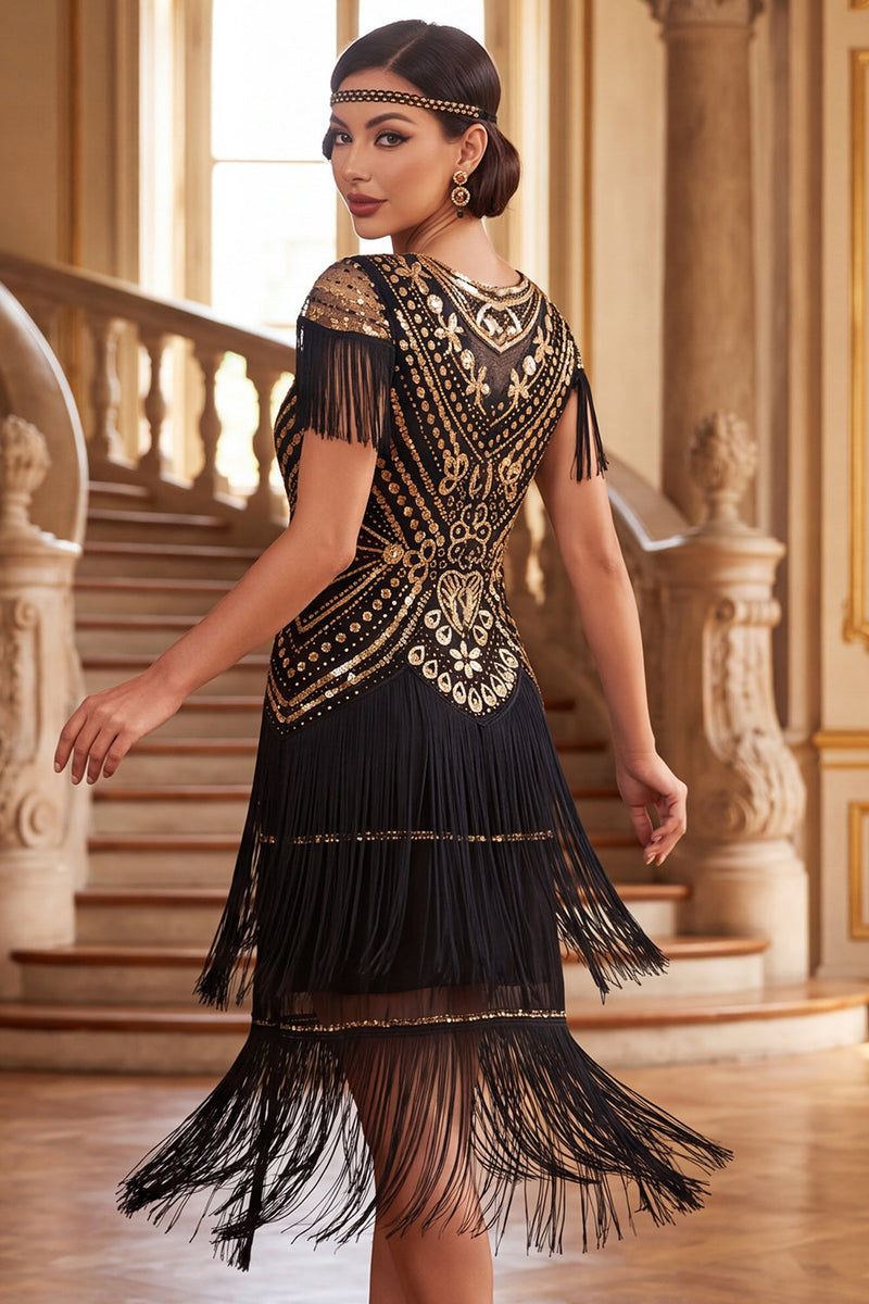 Laden Sie das Bild in den Galerie-Viewer, Vintage-Schwarzes, goldenes Pailletten-Paillettenkleid aus den 1920er Jahren mit Mützenärmeln