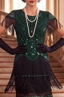 Laden Sie das Bild in den Galerie-Viewer, Vintage-Schwarzes, goldenes Pailletten-Paillettenkleid aus den 1920er Jahren mit Mützenärmeln