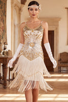 Laden Sie das Bild in den Galerie-Viewer, Vintage schwarzes goldenes Pailletten-Ärmelloses Flapper-Kleid aus den 1920er Jahren mit Fransen