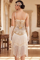 Laden Sie das Bild in den Galerie-Viewer, Vintage schwarzes goldenes Pailletten-Ärmelloses Flapper-Kleid aus den 1920er Jahren mit Fransen