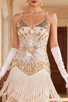 Laden Sie das Bild in den Galerie-Viewer, Vintage schwarzes goldenes Pailletten-Ärmelloses Flapper-Kleid aus den 1920er Jahren mit Fransen