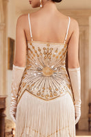 Laden Sie das Bild in den Galerie-Viewer, Vintage schwarzes goldenes Pailletten-Ärmelloses Flapper-Kleid aus den 1920er Jahren mit Fransen