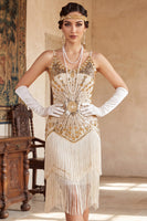 Laden Sie das Bild in den Galerie-Viewer, Vintage schwarzes goldenes Pailletten-Ärmelloses Flapper-Kleid aus den 1920er Jahren mit Fransen