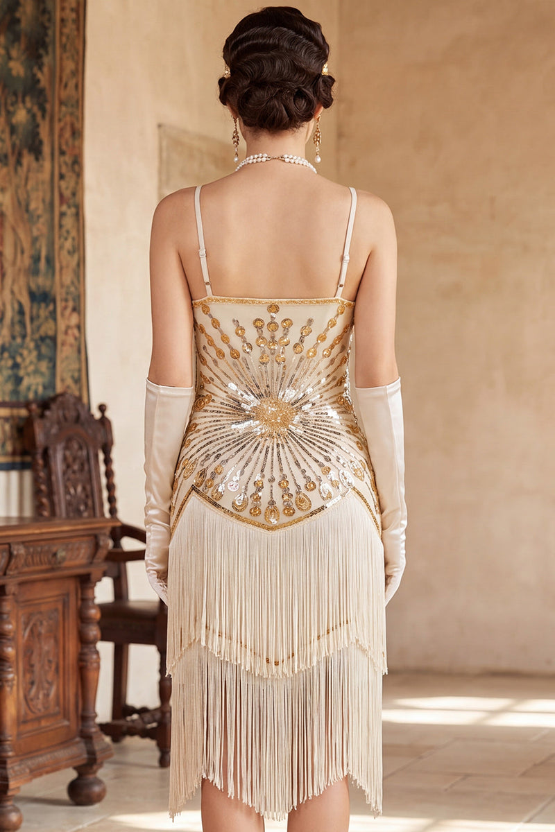 Laden Sie das Bild in den Galerie-Viewer, Vintage schwarzes goldenes Pailletten-Ärmelloses Flapper-Kleid aus den 1920er Jahren mit Fransen