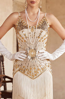 Laden Sie das Bild in den Galerie-Viewer, Vintage schwarzes goldenes Pailletten-Ärmelloses Flapper-Kleid aus den 1920er Jahren mit Fransen