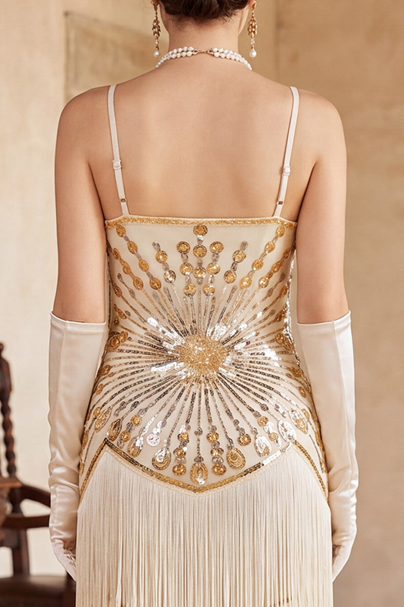 Laden Sie das Bild in den Galerie-Viewer, Vintage schwarzes goldenes Pailletten-Ärmelloses Flapper-Kleid aus den 1920er Jahren mit Fransen