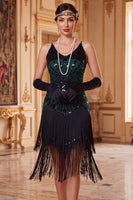 Laden Sie das Bild in den Galerie-Viewer, Vintage schwarzes goldenes Pailletten-Ärmelloses Flapper-Kleid aus den 1920er Jahren mit Fransen