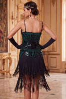 Laden Sie das Bild in den Galerie-Viewer, Vintage schwarzes goldenes Pailletten-Ärmelloses Flapper-Kleid aus den 1920er Jahren mit Fransen
