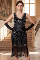 Laden Sie das Bild in den Galerie-Viewer, Glitzerndes schwarzes goldenes Pailletten-Bodycon-Scoop-Neck-Flapperkleid aus den 1920er Jahren mit Fransen