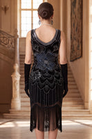 Laden Sie das Bild in den Galerie-Viewer, Glitzerndes schwarzes goldenes Pailletten-Bodycon-Scoop-Neck-Flapperkleid aus den 1920er Jahren mit Fransen