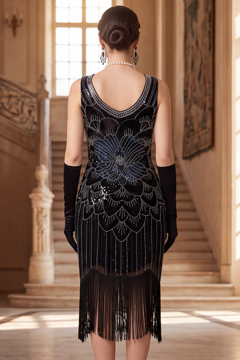 Laden Sie das Bild in den Galerie-Viewer, Glitzerndes schwarzes goldenes Pailletten-Bodycon-Scoop-Neck-Flapperkleid aus den 1920er Jahren mit Fransen