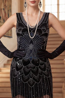 Laden Sie das Bild in den Galerie-Viewer, Glitzerndes schwarzes goldenes Pailletten-Bodycon-Scoop-Neck-Flapperkleid aus den 1920er Jahren mit Fransen