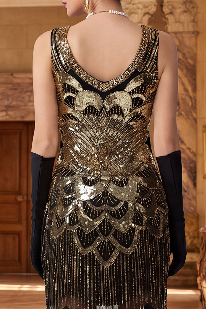 Laden Sie das Bild in den Galerie-Viewer, Glitzerndes schwarzes goldenes Pailletten-Bodycon-Scoop-Neck-Flapperkleid aus den 1920er Jahren mit Fransen