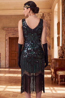 Laden Sie das Bild in den Galerie-Viewer, Glitzerndes schwarzes goldenes Pailletten-Bodycon-Scoop-Neck-Flapperkleid aus den 1920er Jahren mit Fransen