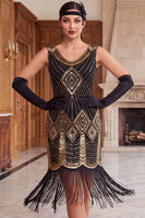Laden Sie das Bild in den Galerie-Viewer, Schwarze goldene Pailletten Bodycon Kurzes Flapper-Kleid aus den 1920er Jahren mit Fransen