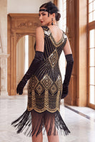 Laden Sie das Bild in den Galerie-Viewer, Schwarze goldene Pailletten Bodycon Kurzes Flapper-Kleid aus den 1920er Jahren mit Fransen
