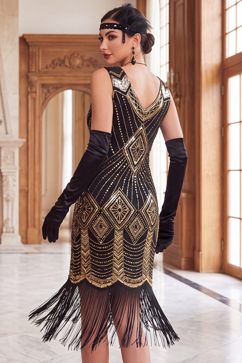 Laden Sie das Bild in den Galerie-Viewer, Schwarze goldene Pailletten Bodycon Kurzes Flapper-Kleid aus den 1920er Jahren mit Fransen