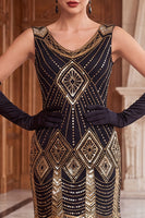 Laden Sie das Bild in den Galerie-Viewer, Schwarze goldene Pailletten Bodycon Kurzes Flapper-Kleid aus den 1920er Jahren mit Fransen