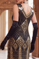 Laden Sie das Bild in den Galerie-Viewer, Schwarze goldene Pailletten Bodycon Kurzes Flapper-Kleid aus den 1920er Jahren mit Fransen