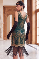 Laden Sie das Bild in den Galerie-Viewer, Schwarze goldene Pailletten Bodycon Kurzes Flapper-Kleid aus den 1920er Jahren mit Fransen
