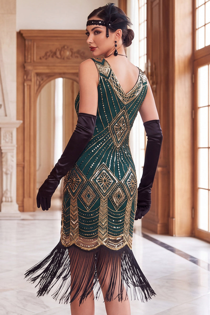 Laden Sie das Bild in den Galerie-Viewer, Schwarze goldene Pailletten Bodycon Kurzes Flapper-Kleid aus den 1920er Jahren mit Fransen