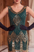 Laden Sie das Bild in den Galerie-Viewer, Schwarze goldene Pailletten Bodycon Kurzes Flapper-Kleid aus den 1920er Jahren mit Fransen