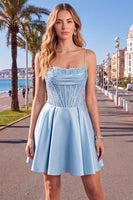 Laden Sie das Bild in den Galerie-Viewer, Blaues A-Linie Korsett Pailletten Rüschen Kurzes Abendkleid mit Schnürung hinten