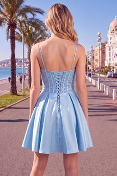 Blaues A-Linie Korsett Pailletten Rüschen Kurzes Abendkleid mit Schnürung hinten