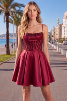 Laden Sie das Bild in den Galerie-Viewer, Blaues A-Linie Korsett Pailletten Rüschen Kurzes Abendkleid mit Schnürung hinten