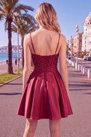 Laden Sie das Bild in den Galerie-Viewer, Blaues A-Linie Korsett Pailletten Rüschen Kurzes Abendkleid mit Schnürung hinten
