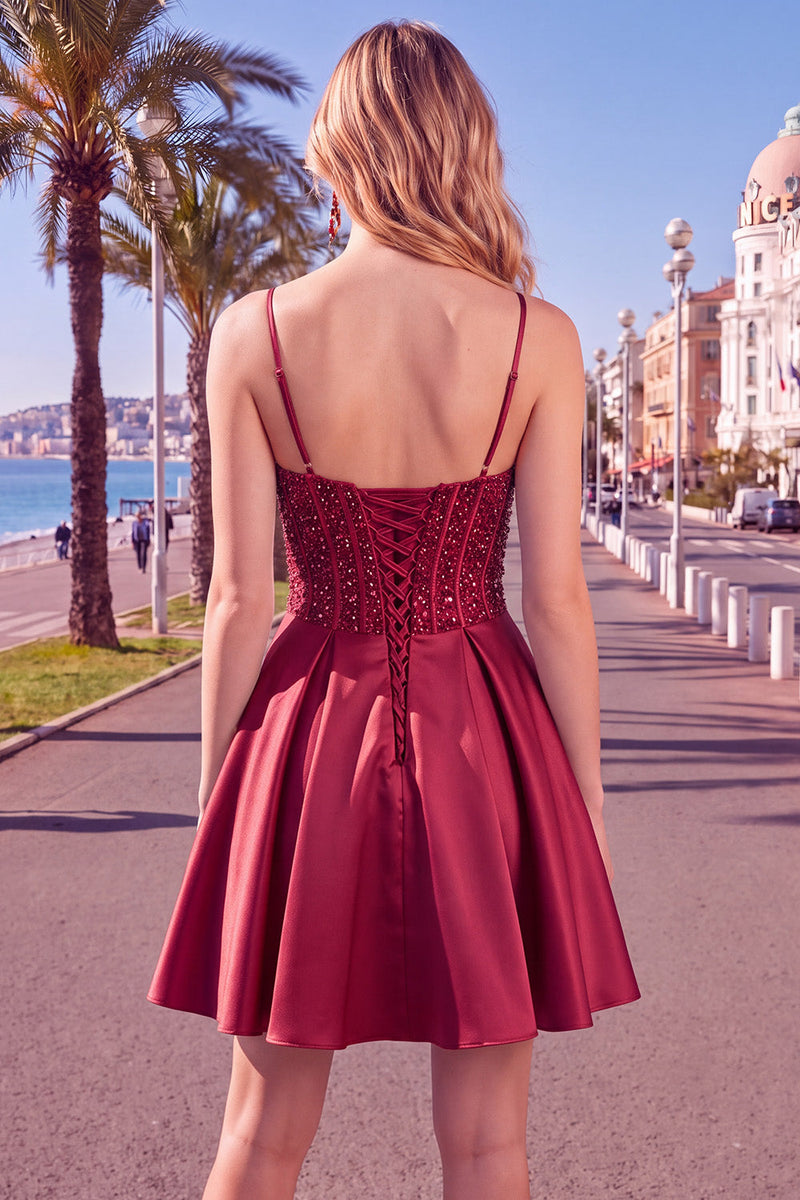 Laden Sie das Bild in den Galerie-Viewer, Blaues A-Linie Korsett Pailletten Rüschen Kurzes Abendkleid mit Schnürung hinten