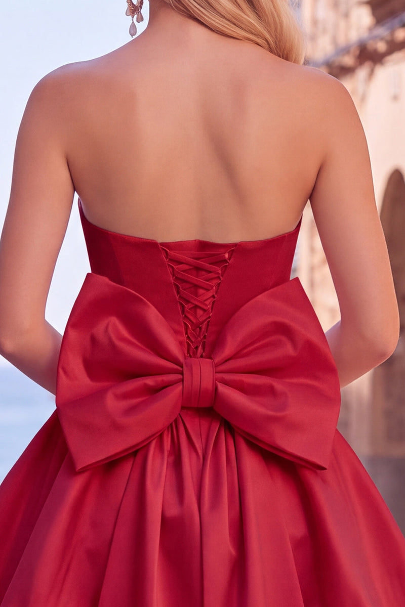 Laden Sie das Bild in den Galerie-Viewer, Schwarzes Trägerloses A-Linie Kurzes Abendkleid mit Rückenschleife