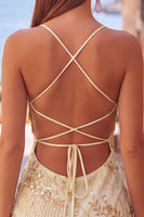 Laden Sie das Bild in den Galerie-Viewer, Aprikosen Bodycon Spaghetti-Träger Perlen Kurzes Abendkleid mit Pailletten